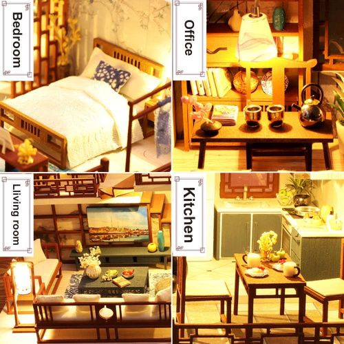  SPILAY DIY Miniature Dollhouse Wooden Furniture Kit,Handmade Mini Chinese Style Modern Model Plus with Dust Cover & Music Box ,1:24 Scale Creative Doll House Toys for Adult Teenage
