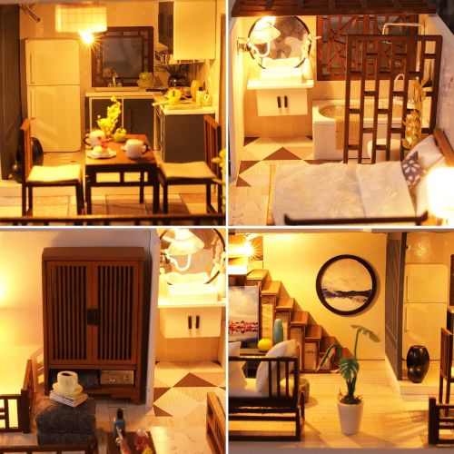  SPILAY DIY Miniature Dollhouse Wooden Furniture Kit,Handmade Mini Chinese Style Modern Model Plus with Dust Cover & Music Box ,1:24 Scale Creative Doll House Toys for Adult Teenage