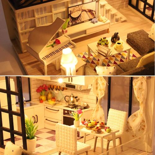  SPILAY DIY Miniature Dollhouse Wooden Furniture Kit,Handmade Mini Modern Model Plus with Dust Cover & Music Box ,1:24 Scale Creative Doll House Toys for Children Girl Lover (Simple