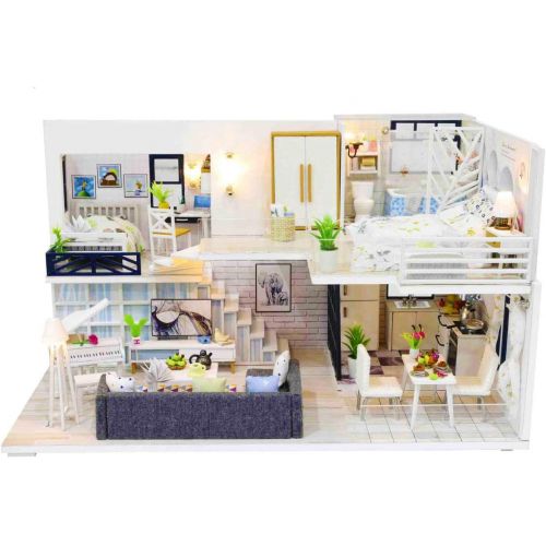  SPILAY DIY Miniature Dollhouse Wooden Furniture Kit,Handmade Mini Modern Model Plus with Dust Cover & Music Box ,1:24 Scale Creative Doll House Toys for Children Girl Lover (Simple