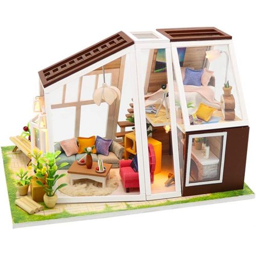  SPILAY DIY Miniature Dollhouse Wooden Furniture Kit,Handmade Mini Modern Model Plus with Dust Cover & Music Box ,1:24 Scale Creative Doll House Toys for Children Girl Lover Gift (A