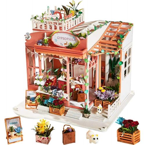  SPILAY DIY Dollhouse Miniature with Wooden Furniture Kit,Handmade Mini Home Craft Model Plus with Cover & Music Box,1:24 Scale Creative Doll House Toys for Teens Adult Gift (Gypsophila Fo