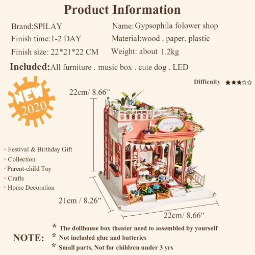  SPILAY DIY Dollhouse Miniature with Wooden Furniture Kit,Handmade Mini Home Craft Model Plus with Cover & Music Box,1:24 Scale Creative Doll House Toys for Teens Adult Gift (Gypsophila Fo