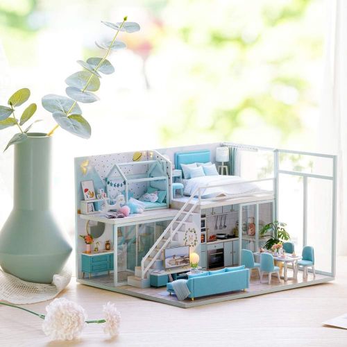  Spilay DIY Miniature Dollhouse with Furniture,Mini House Kit with Dust Proof and Music Movement,1:24 Scale Creative Room Gift Idea for Adult Friend Lover (Portic Life)