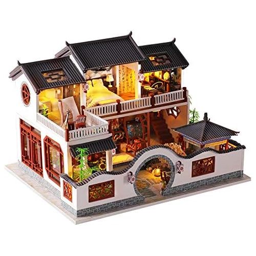  Spilay DIY Dollhouse Miniature with Wooden Furniture Kit,Handmade Mini Home Craft Model Chinese Style Doll House Kit with LED & Music Box,1:24 Scale Creative Room for Teens Adult F