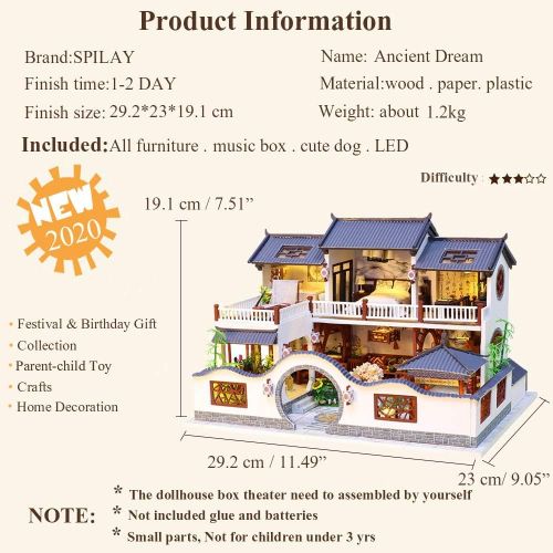  Spilay DIY Dollhouse Miniature with Wooden Furniture Kit,Handmade Mini Home Craft Model Chinese Style Doll House Kit with LED & Music Box,1:24 Scale Creative Room for Teens Adult F