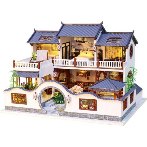  Spilay DIY Dollhouse Miniature with Wooden Furniture Kit,Handmade Mini Home Craft Model Chinese Style Doll House Kit with LED & Music Box,1:24 Scale Creative Room for Teens Adult F