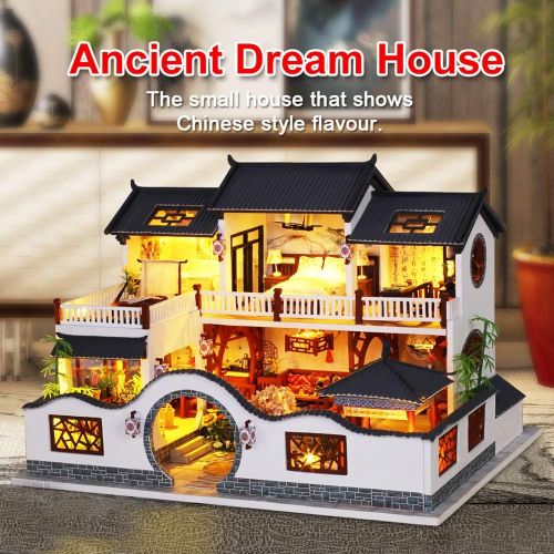  Spilay DIY Dollhouse Miniature with Wooden Furniture Kit,Handmade Mini Home Craft Model Chinese Style Doll House Kit with LED & Music Box,1:24 Scale Creative Room for Teens Adult F