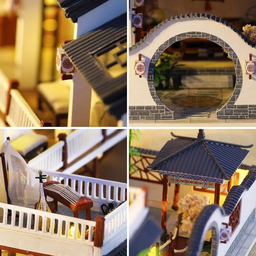  Spilay DIY Dollhouse Miniature with Wooden Furniture Kit,Handmade Mini Home Craft Model Chinese Style Doll House Kit with LED & Music Box,1:24 Scale Creative Room for Teens Adult F