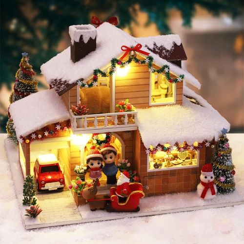  SPILAY Dollhouse Miniature with Furniture,DIY Wooden Crafts Doll House Mini Handmade Christmas Kit with Dust Proof Cover and Music Movement,1:24 Scale Creative Room Idea Gift for A