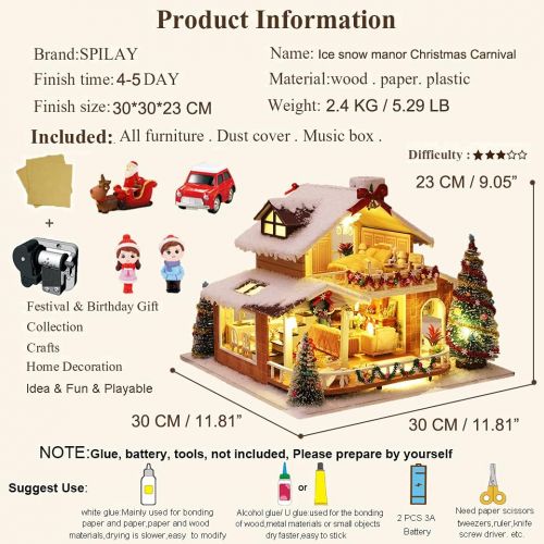  SPILAY Dollhouse Miniature with Furniture,DIY Wooden Crafts Doll House Mini Handmade Christmas Kit with Dust Proof Cover and Music Movement,1:24 Scale Creative Room Idea Gift for A