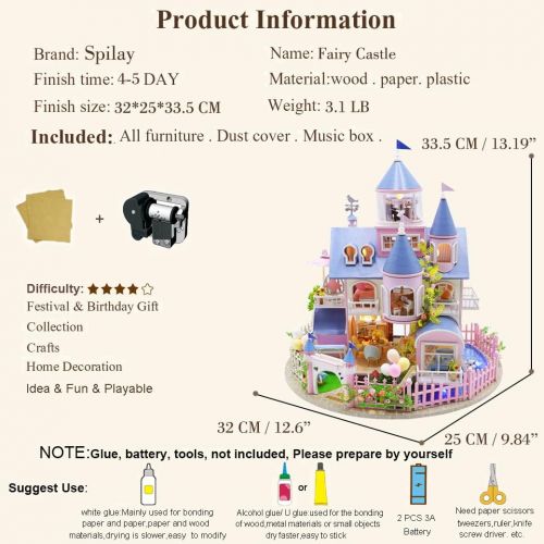  Spilay Dollhouse DIY Miniature Wooden Furniture Kit,Mini Handmade Big Castle Model with Dust Cover & Music Box ,1:24 Scale Creative Room Idea for Adult Friend Lover (Fairy Castle)