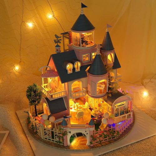  Spilay Dollhouse DIY Miniature Wooden Furniture Kit,Mini Handmade Big Castle Model with Dust Cover & Music Box ,1:24 Scale Creative Room Idea for Adult Friend Lover (Fairy Castle)