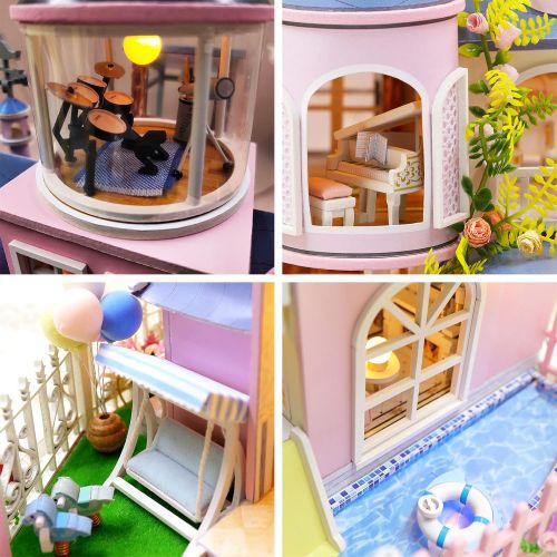  Spilay Dollhouse DIY Miniature Wooden Furniture Kit,Mini Handmade Big Castle Model with Dust Cover & Music Box ,1:24 Scale Creative Room Idea for Adult Friend Lover (Fairy Castle)