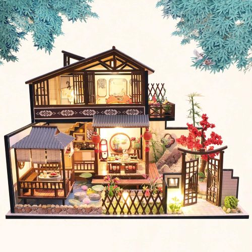  SPILAY DIY Dollhouse Miniature with Wooden Furniture Kit,Handmade Mini Japanese Style Home Craft Model Plus Dust Cover and Music Box,1:24 Scale Creative Doll House Toys for Teens A