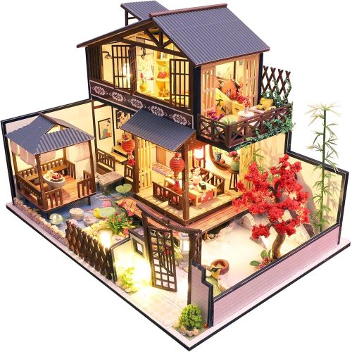  SPILAY DIY Dollhouse Miniature with Wooden Furniture Kit,Handmade Mini Japanese Style Home Craft Model Plus Dust Cover and Music Box,1:24 Scale Creative Doll House Toys for Teens A