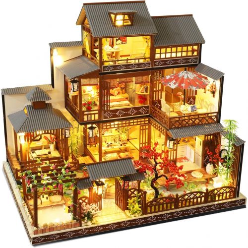  Spilay DIY Dollhouse Miniature with Wooden Furniture,DIY Dollhouse Kit Big Japanese Courtyard Model with LED & Music Box ,1:24 Scale Creative Room Gift Idea for Adult Friend Lover