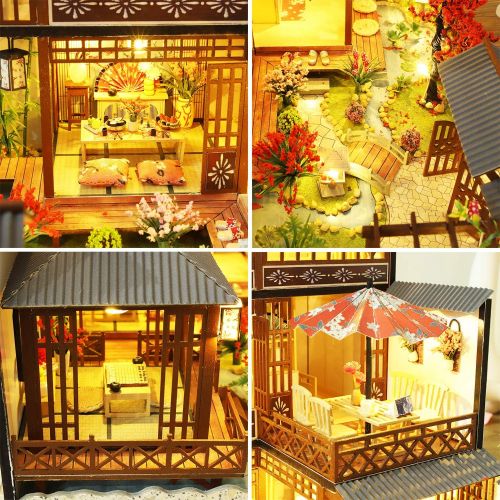  Spilay DIY Dollhouse Miniature with Wooden Furniture,DIY Dollhouse Kit Big Japanese Courtyard Model with LED & Music Box ,1:24 Scale Creative Room Gift Idea for Adult Friend Lover