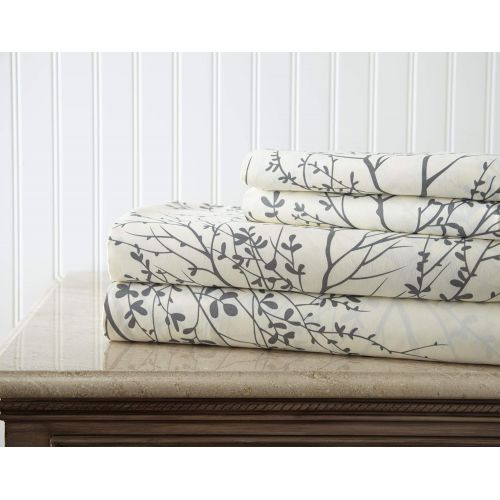  SPIRIT LINEN HOME Queen Foliage Sheet Set, White/Grey