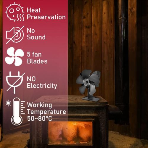  SPNEC FSJJD Fireplace Fan Ventilation 5 Heat Blade Aluminium Alloy Stove Fan Powered Log Wood Quite Energy Saving (Color : Black, Size : 185X160X75MM)