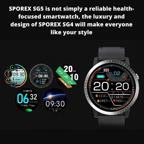  SPOREX SG5 Smart Watch Health Focused Heart Rate, Blood Pressure & Blood Oxygen Monitor, Fitness Tracker, Smartwatch Android Phones and iPhone Compatible; Waterproof; Sport Smartwa