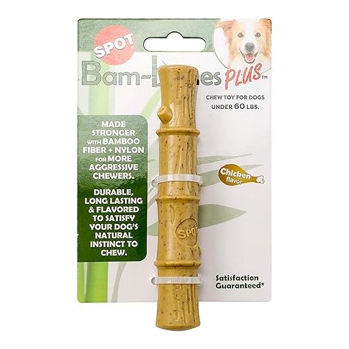  SPOT Bam-bones PLUS Bamboo Stick - Bamboo Fiber & Nylon, Durable Long Lasting Dog Chew for Aggressive Chewers - Great Toy for Adult Dogs & Puppies under 60lbs, Non-Splintering, 5.25in, Chicken Flavor