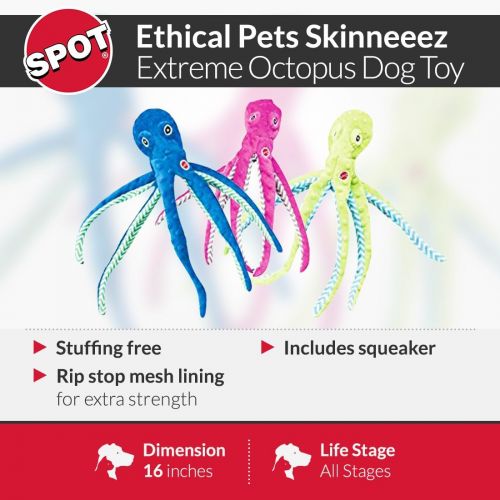  SPOT Ethical Pets Skinneeez Extreme Stuffingless Durable Squeaker Octopus Dog and Cat Toy, 16, Assorted