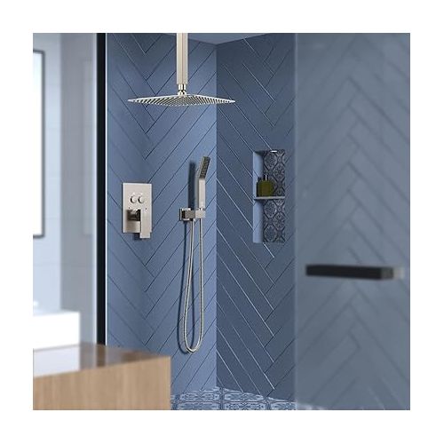  SR SUN RISE Ceiling Mounted Shower System with Push Button Diverter, Luxury 12 Inch Rain Shower Head with Handheld Spray, High Pressure Shower Faucet Combo Set with Rough-in Valve, Brushed Nickel