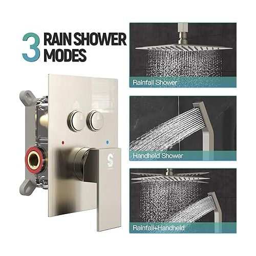  SR SUN RISE Ceiling Mounted Shower System with Push Button Diverter, Luxury 12 Inch Rain Shower Head with Handheld Spray, High Pressure Shower Faucet Combo Set with Rough-in Valve, Brushed Nickel