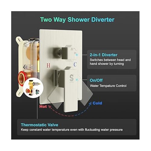  SR SUN RISE 12 Inch Square Shower System, Rain Shower Head and Slide Bar Handheld Shower Faucet Wall Mounted Combo Set Included Valve and Trim Kit for Bathroom, Brushed Nickel