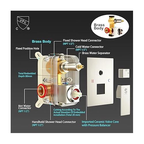  SR SUN RISE 12 Inch Square Shower System, Rain Shower Head and Slide Bar Handheld Shower Faucet Wall Mounted Combo Set Included Valve and Trim Kit for Bathroom, Brushed Nickel