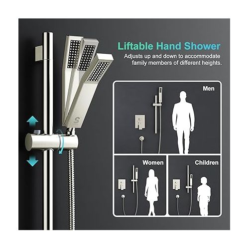  SR SUN RISE 12 Inch Square Shower System, Rain Shower Head and Slide Bar Handheld Shower Faucet Wall Mounted Combo Set Included Valve and Trim Kit for Bathroom, Brushed Nickel