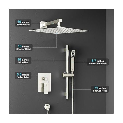  SR SUN RISE 12 Inch Square Shower System, Rain Shower Head and Slide Bar Handheld Shower Faucet Wall Mounted Combo Set Included Valve and Trim Kit for Bathroom, Brushed Nickel