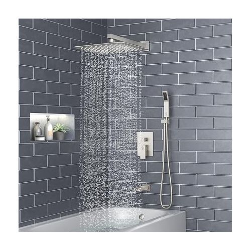  SR SUN RISE 12 Inches All Metal Bathtub Faucet Set Shower System with Tub Spout Square Rain Shower Head and Handheld Combo Shower Fixtures, Modern Valve and Trim Kit, Brushed Nickel