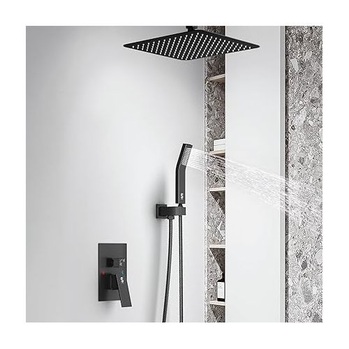  SR SUN RISE 12 Inch Ceiling Mount Matte Black Shower System Bathroom Luxury Rain Mixer Shower Combo Set Ceiling Rainfall Shower Head System Faucet Trim Repair Kits Rough-in Valve and Trim Included