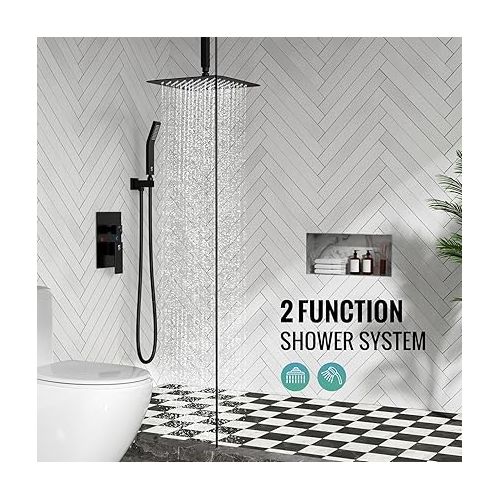  SR SUN RISE 12 Inch Ceiling Mount Matte Black Shower System Bathroom Luxury Rain Mixer Shower Combo Set Ceiling Rainfall Shower Head System Faucet Trim Repair Kits Rough-in Valve and Trim Included