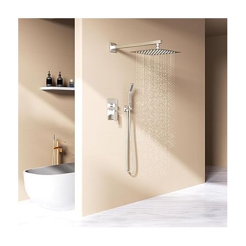  SR SUN RISE 12 Inches Bathroom Luxury Rain Mixer Shower Combo Set Wall Mounted Rainfall Shower Head System Brushed Nickel Finish Shower Faucet Rough-In