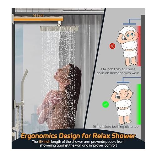  SR SUN RISE 12 Inches Bathroom Luxury Rain Mixer Shower Combo Set Wall Mounted Rainfall Shower Head System Brushed Nickel Finish Shower Faucet Rough-In