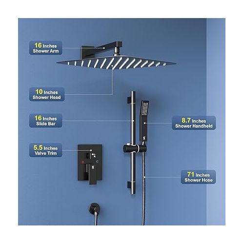  SR SUN RISE 12 Inch Slide Bar Shower Faucet Luxury High Pressure Shower Heads and Handheld Spray Combo Set Wall Mounted Shower System Included Valve and Trim Kit, Matte Black