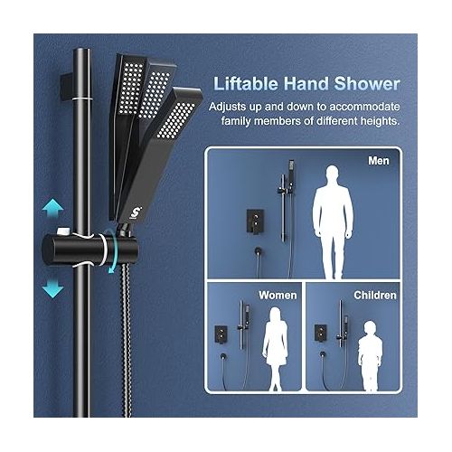  SR SUN RISE 12 Inch Slide Bar Shower Faucet Luxury High Pressure Shower Heads and Handheld Spray Combo Set Wall Mounted Shower System Included Valve and Trim Kit, Matte Black