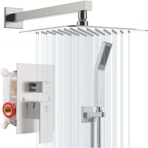  [아마존 핫딜] [아마존핫딜]SR SUN RISE SRSH-D1203 12 Inch Bathroom Luxury Rain Mixer Shower Combo Set Wall Mounted Rainfall Shower Head System Polished Chrome Shower Faucet Rough-in Valve Body and Trim Inclu