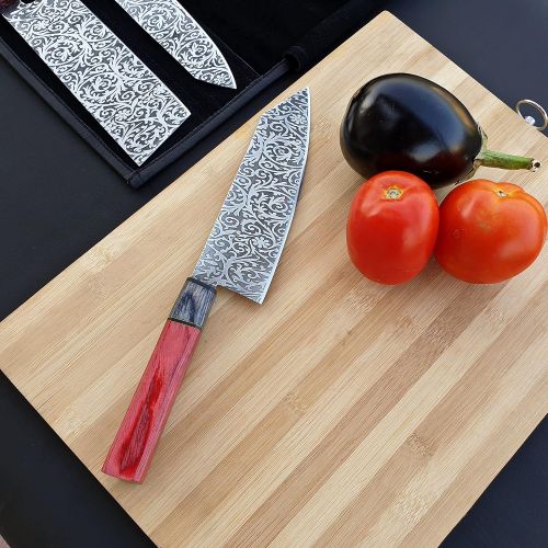  SS 1 Vetus Japanese Knife Set 12C27 Stainless Steel Chef Knife Set Professional Etched Kitchen Knives Set with Chef Bag/Knife Roll Chef Knife Bag