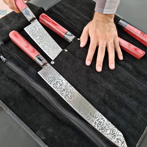  SS 1 Vetus Japanese Knife Set 12C27 Stainless Steel Chef Knife Set Professional Etched Kitchen Knives Set with Chef Bag/Knife Roll Chef Knife Bag