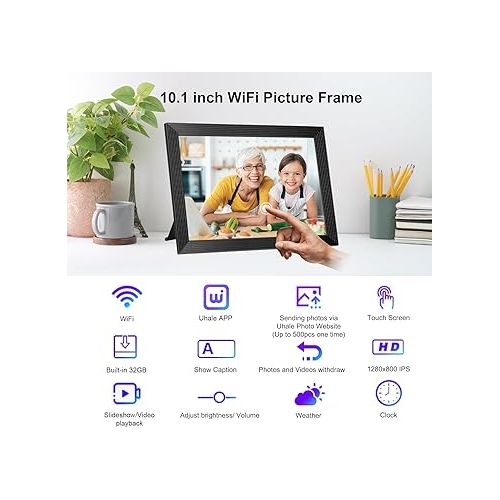  32GB 10.1 inch WiFi Digital Photo Frame 1280 * 800 IPS Touch Screen Share Moments via App from Anywhere, Support Mirco SD Card Extend Storage, Auto-Rotate