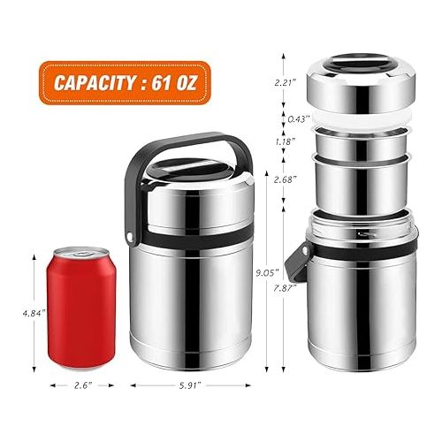  Lunch Containers for Adults, 61oz Thermos for Hot Food, 3 Layered Insulated Food Thermos Jar, Large Soup Thermos, Wide Mouth Stainless Steel Lunch Thermos Flask, Travel Thermal Lunch Bento Box