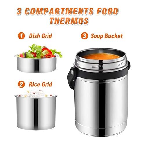  Lunch Containers for Adults, 61oz Thermos for Hot Food, 3 Layered Insulated Food Thermos Jar, Large Soup Thermos, Wide Mouth Stainless Steel Lunch Thermos Flask, Travel Thermal Lunch Bento Box