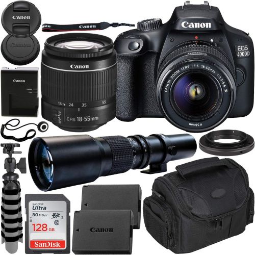  SSE Canon EOS 4000D DSLR Camera with EF-S 18-55mm f/3.5-5.6 III Lens & 500mm Preset Lens Beginner’s Bundle - Includes: SanDisk Ultra 128GB SDXC Memory Card, Extended Life LPE10 Replace