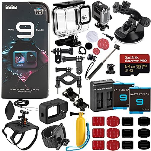  SSE GoPro HERO9 (Hero 9) Black with Deluxe Outdoor Bundle - Includes: SanDisk Extreme PRO 64GB miniSDXC, 2X Replacement Batteries, Action Camera Mount Harness for Pets, Underwater Hous