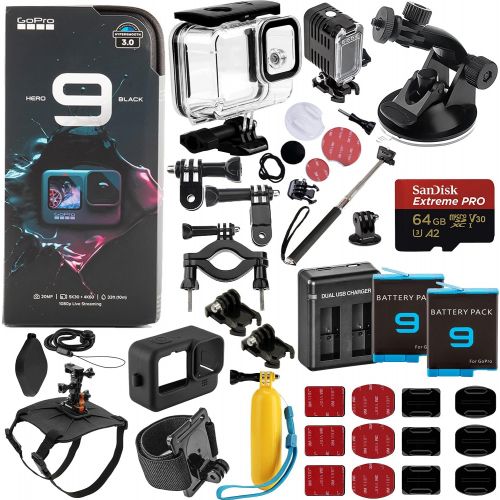  SSE GoPro HERO9 (Hero 9) Black with Deluxe Outdoor Bundle - Includes: SanDisk Extreme PRO 64GB miniSDXC, 2X Replacement Batteries, Action Camera Mount Harness for Pets, Underwater Hous