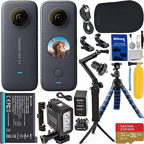  SSE Insta360 ONE X2 with Advanced Action Bundle: Bundle Includes ? SanDisk 32GB Extreme MicroSD Card, 3-Way Selfie Stick/Tripod, Floating Hand Grip, Waterproof LED Light, Insta360 Carr